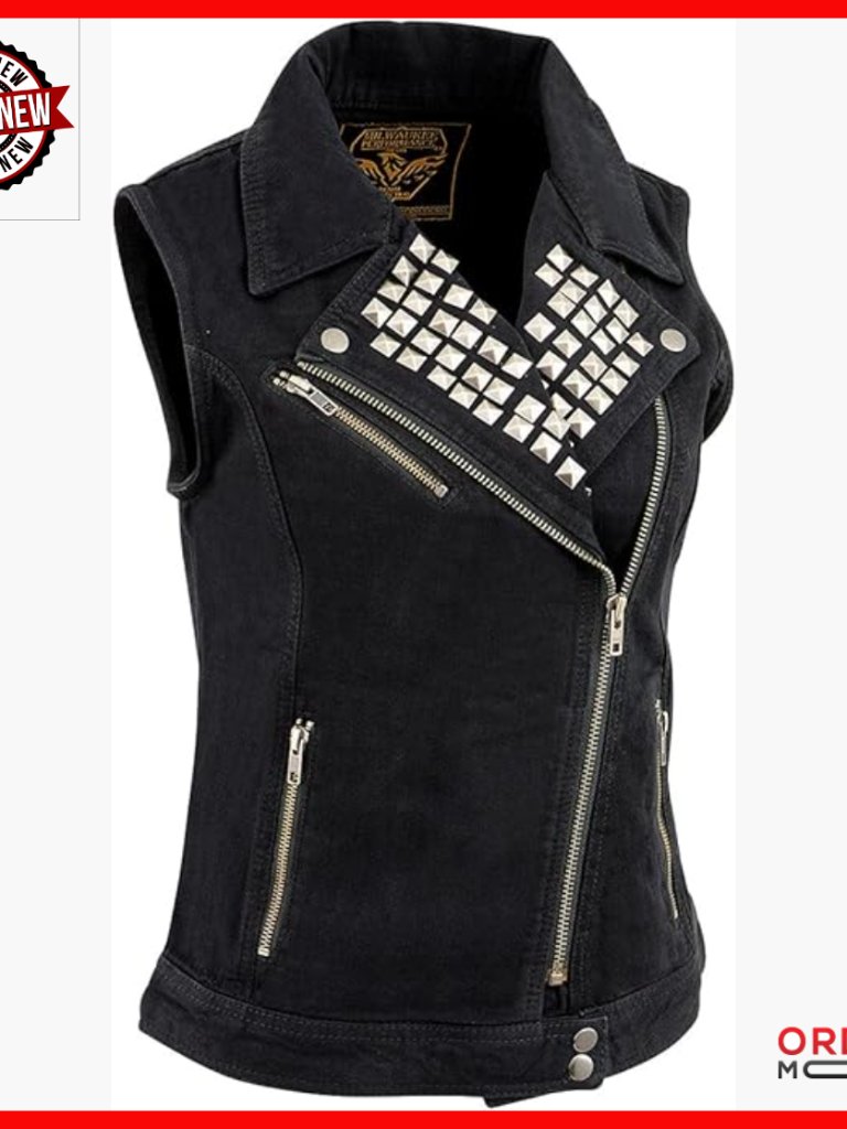 Women's Denim Motorcycle Vest With Studded Spikes, Zipper Front